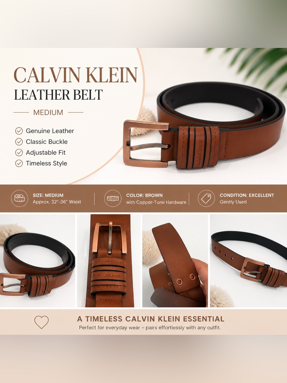Calvin Klein Jeans Brown Leather Belt – Medium | Copper-Tone Buckle